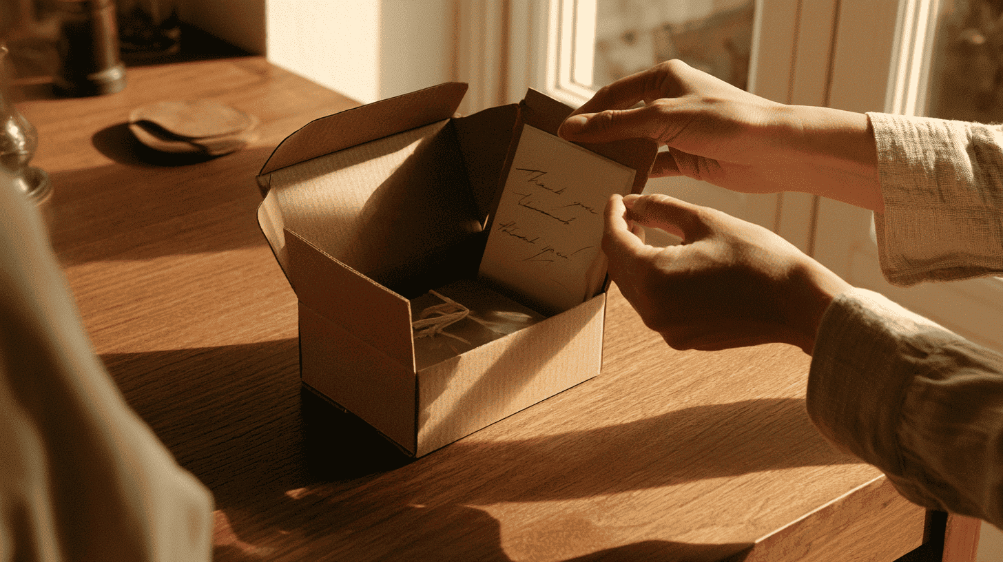 Klant opent pakket met persoonlijk bedankkaartje van webshop